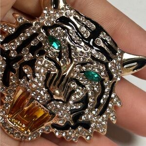 Gold and Black Tiger Brooch with Crystal Accents